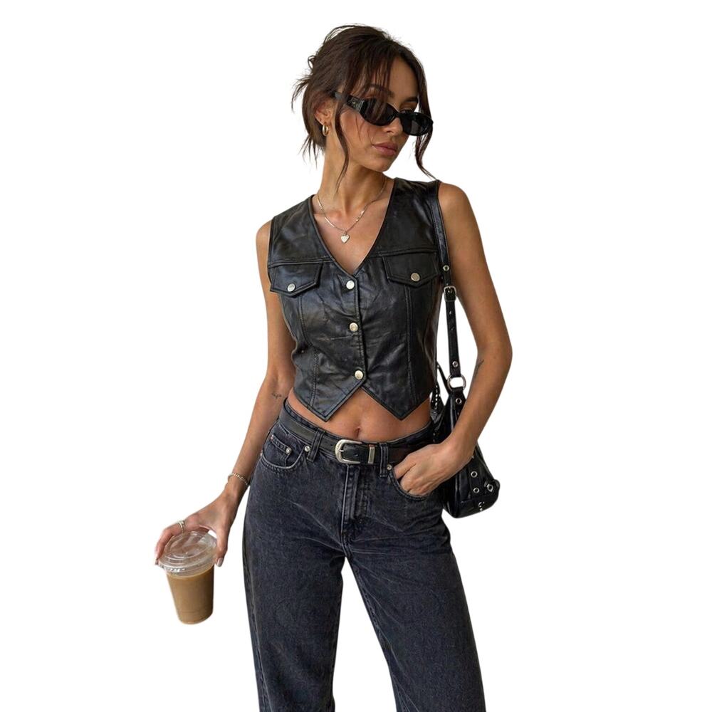 Just Us Black Genuine Leather Cropped Vest Size L Snap Front 90s Moto